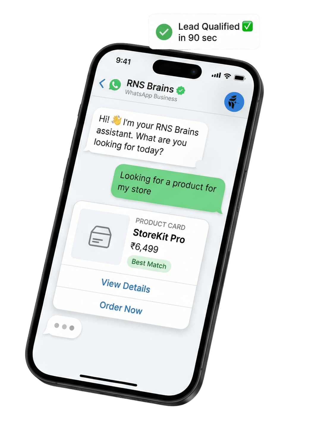 AI chat interface showing real-time WhatsApp conversation with customer