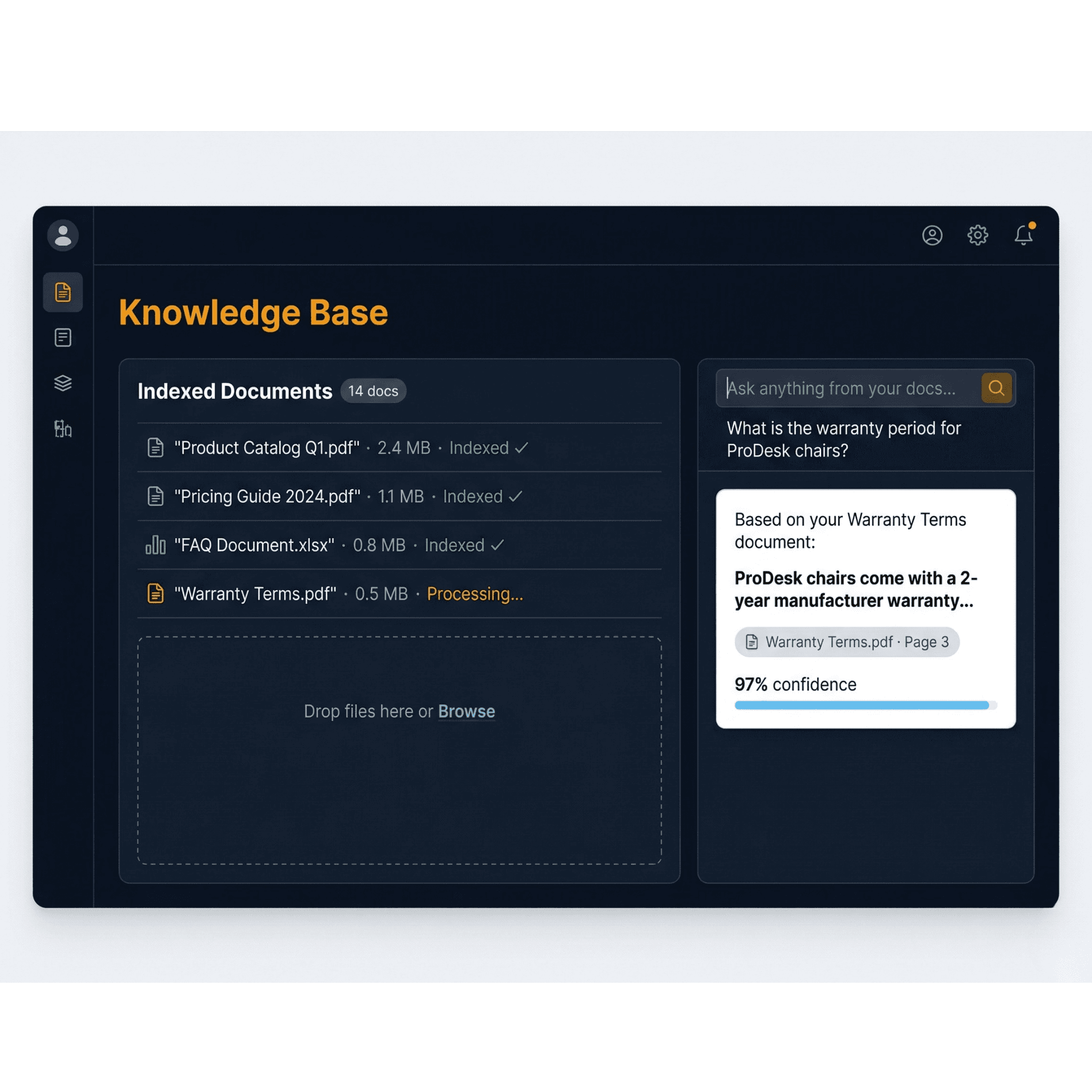 Custom knowledge base interface for document upload and RAG configuration